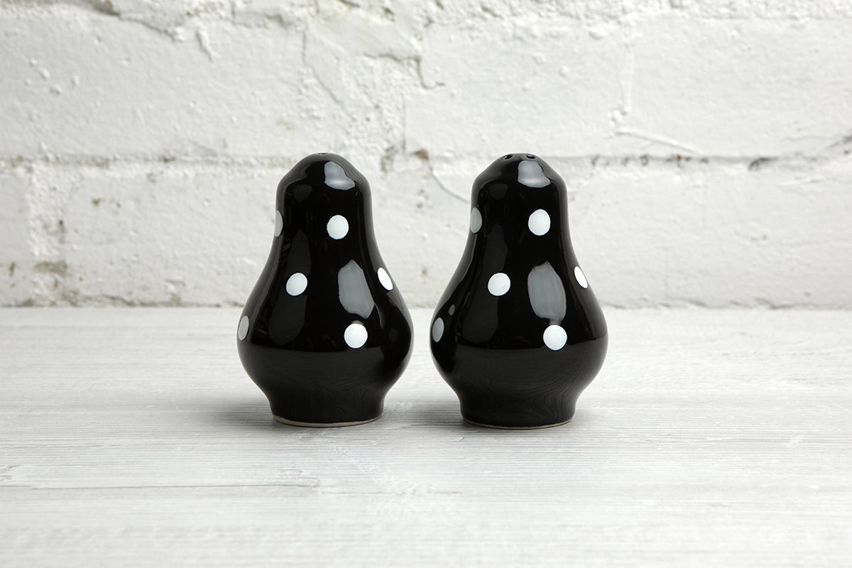 Black And White Polka Dot Spotty Handmade Hand Painted Ceramic Salt and Pepper Shaker Pot