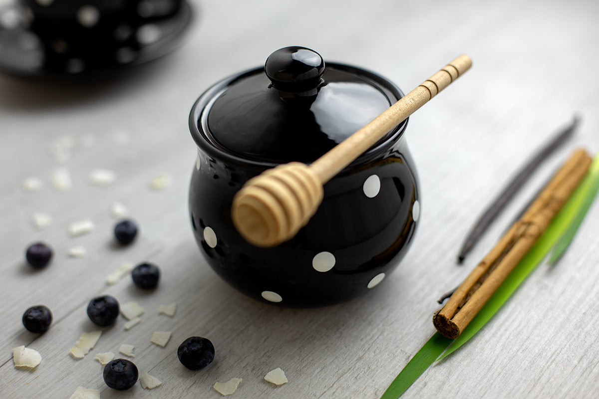 City to Cottage Ceramic Sugar Bowl with Lid, 10oz Sugar Contanier for Coffee Bar, Sugar Dispenser Bowl, Salt - Condiment Pot for Kitchen Counter, Handcrafted Black and White Polka Dot Sugar Jar