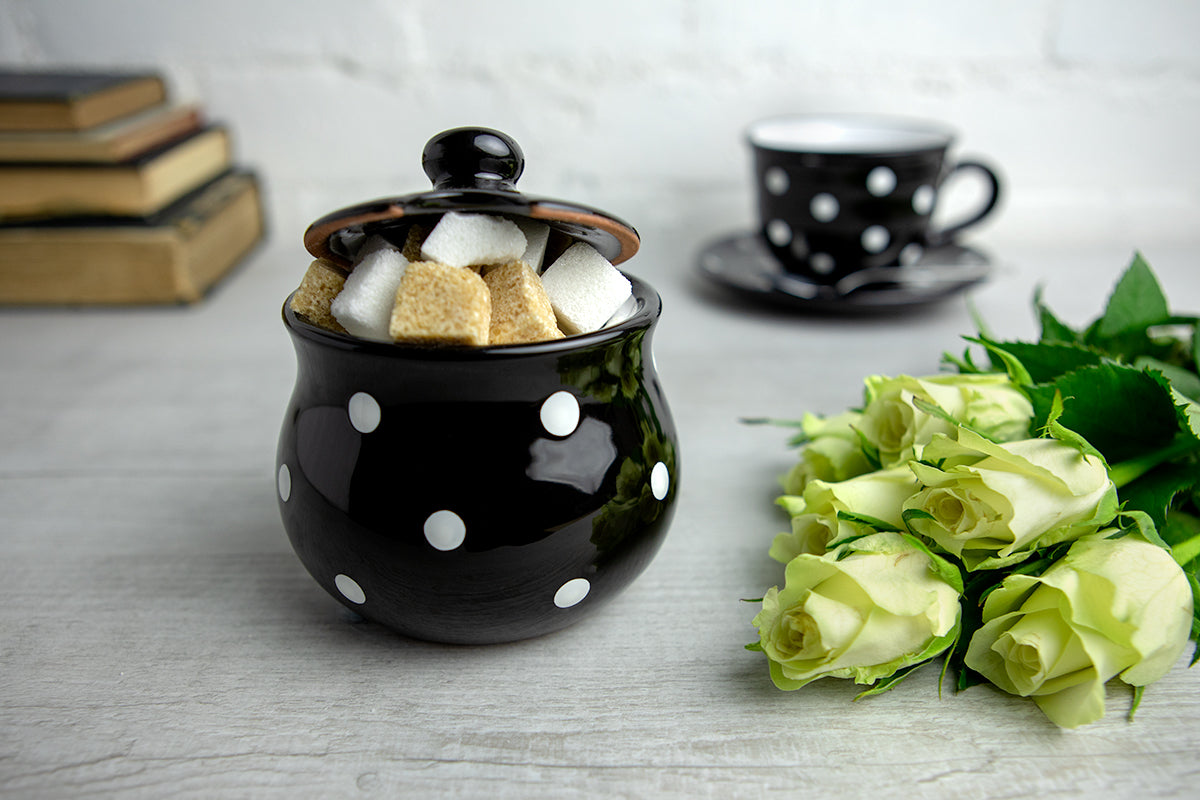 City to Cottage Ceramic Sugar Bowl with Lid, 10oz Sugar Contanier for Coffee Bar, Sugar Dispenser Bowl, Salt - Condiment Pot for Kitchen Counter, Handcrafted Black and White Polka Dot Sugar Jar