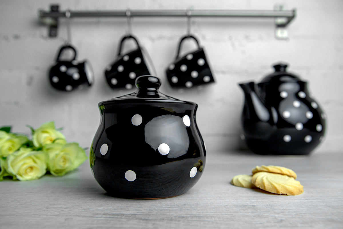 City to Cottage Ceramic Sugar Bowl with Lid, 10oz Sugar Contanier for Coffee Bar, Sugar Dispenser Bowl, Salt - Condiment Pot for Kitchen Counter, Handcrafted Black and White Polka Dot Sugar Jar
