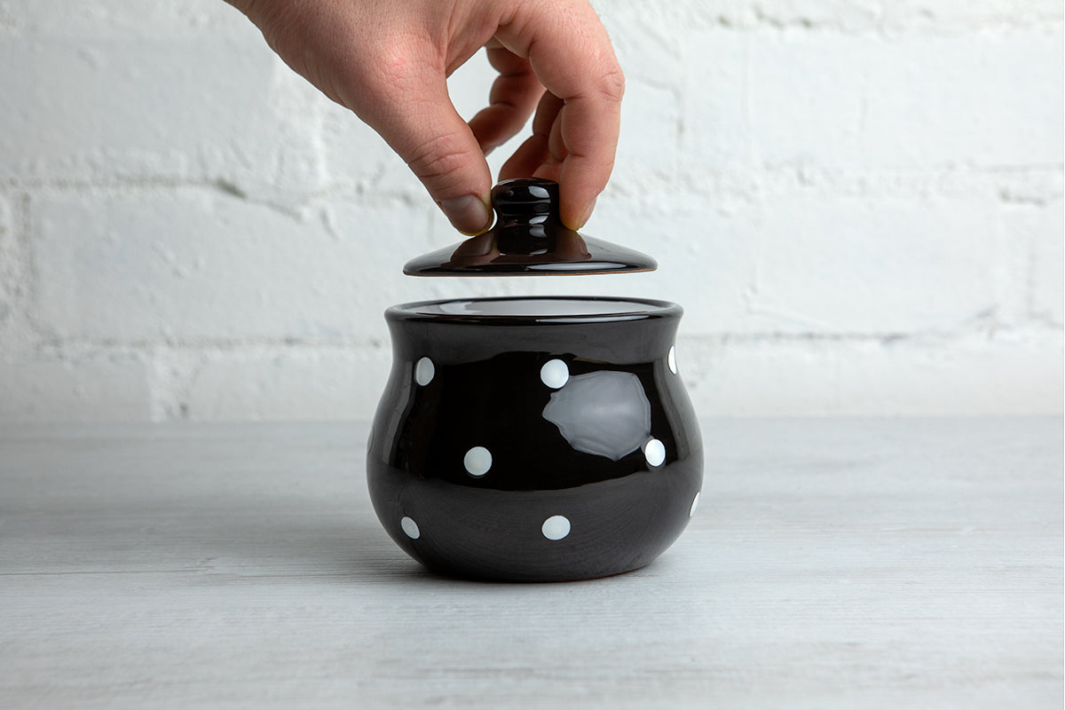 City to Cottage Ceramic Sugar Bowl with Lid, 10oz Sugar Contanier for Coffee Bar, Sugar Dispenser Bowl, Salt - Condiment Pot for Kitchen Counter, Handcrafted Black and White Polka Dot Sugar Jar