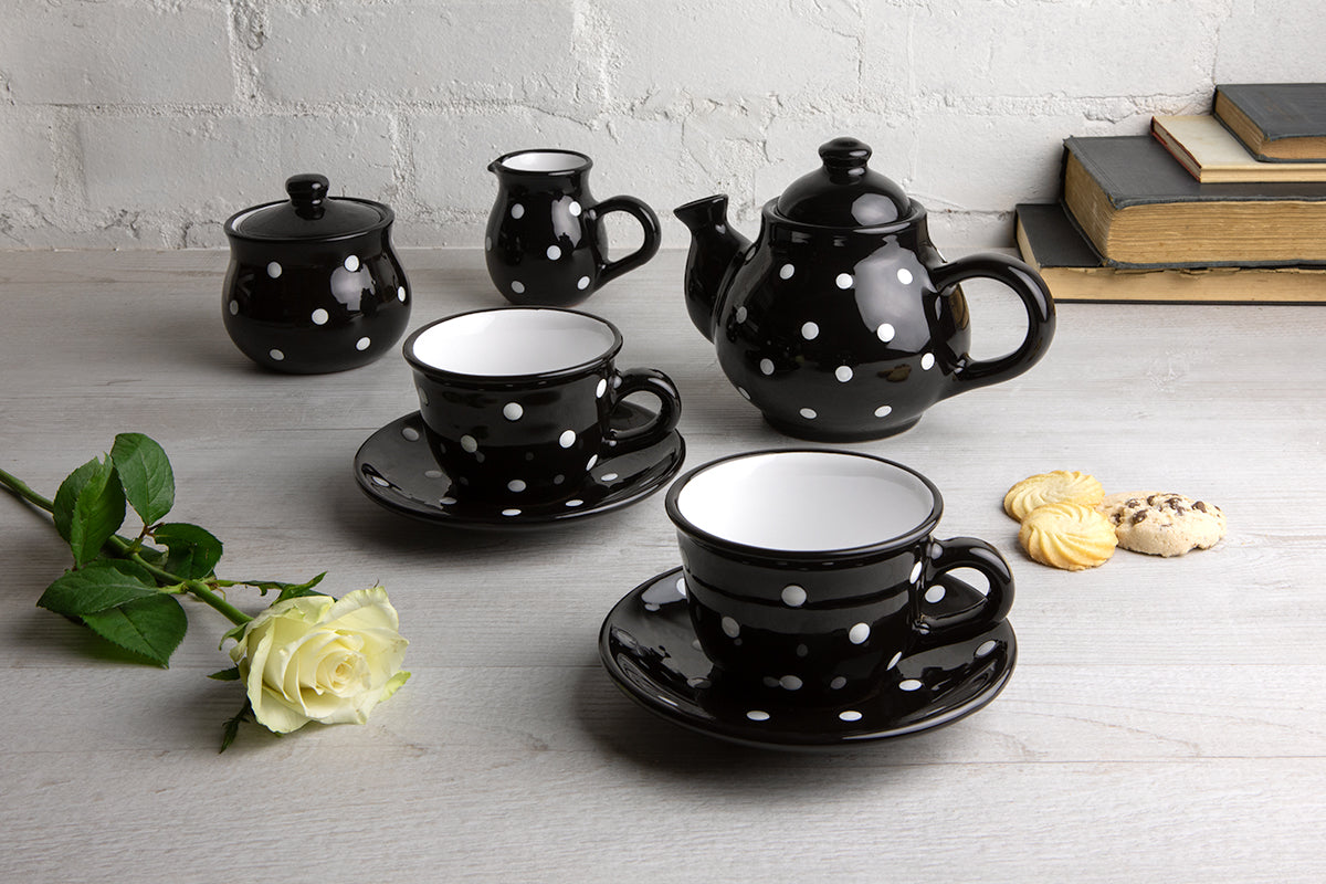 Black and White Polka Dot Pottery Handmade Hand Painted Ceramic Teapot Milk Jug Sugar Bowl Set With Two Cups and Saucers