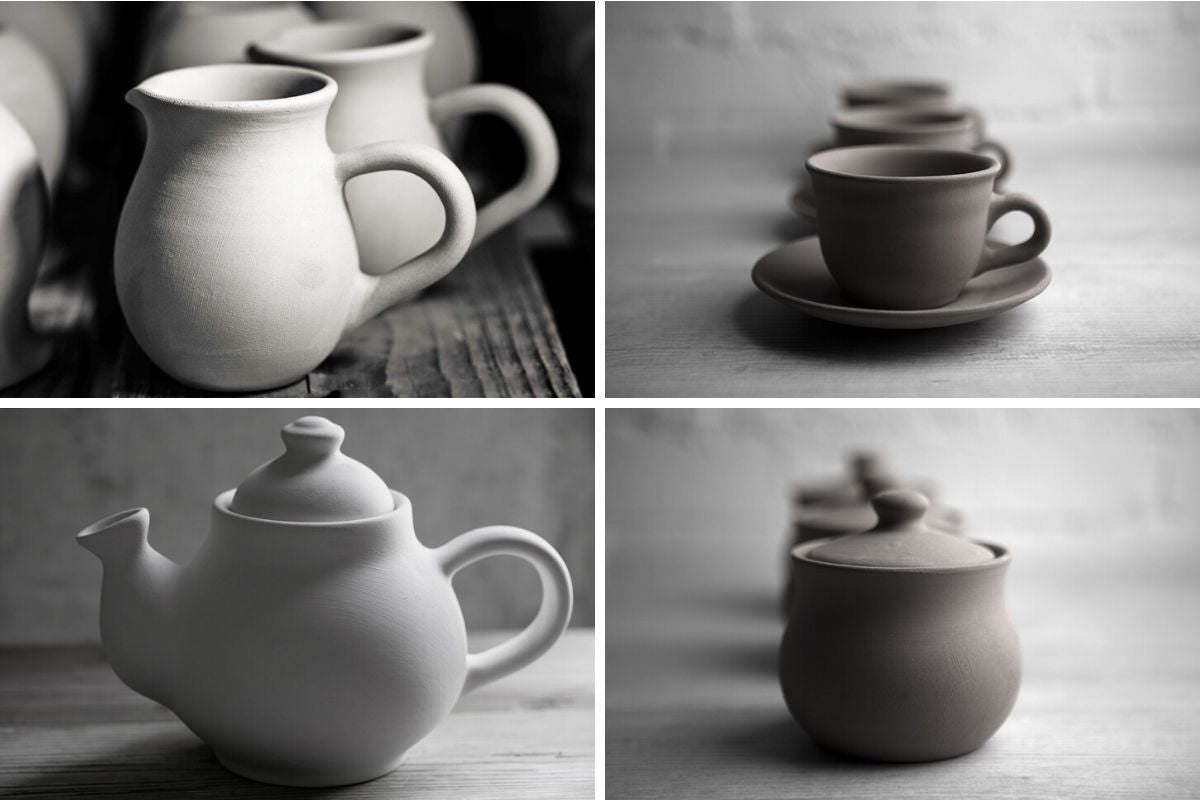 Black and White Polka Dot Pottery Handmade Hand Painted Ceramic Teapot Milk Jug Sugar Bowl Set With Two Cups and Saucers