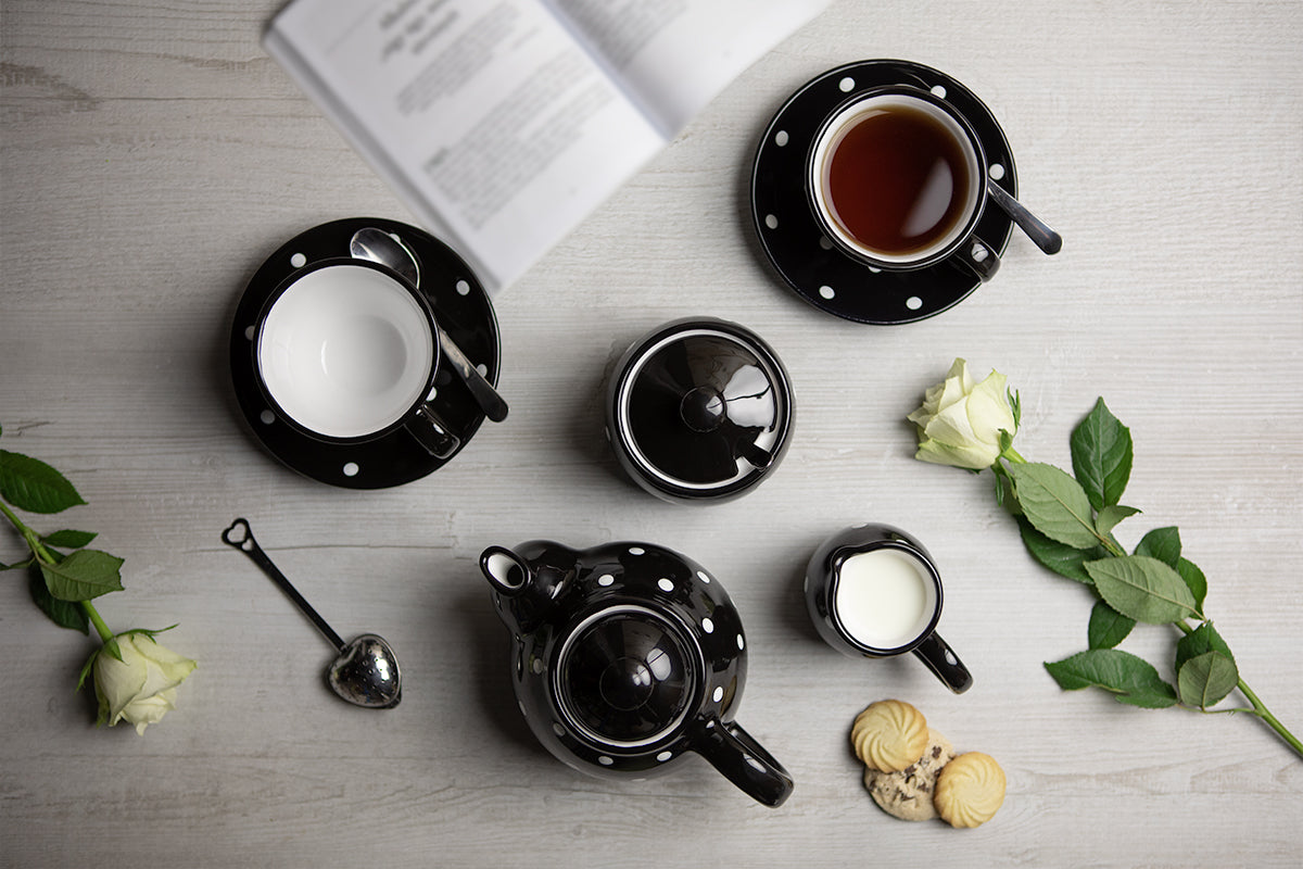 Black and White Polka Dot Pottery Handmade Hand Painted Ceramic Teapot Milk Jug Sugar Bowl Set With Two Cups and Saucers