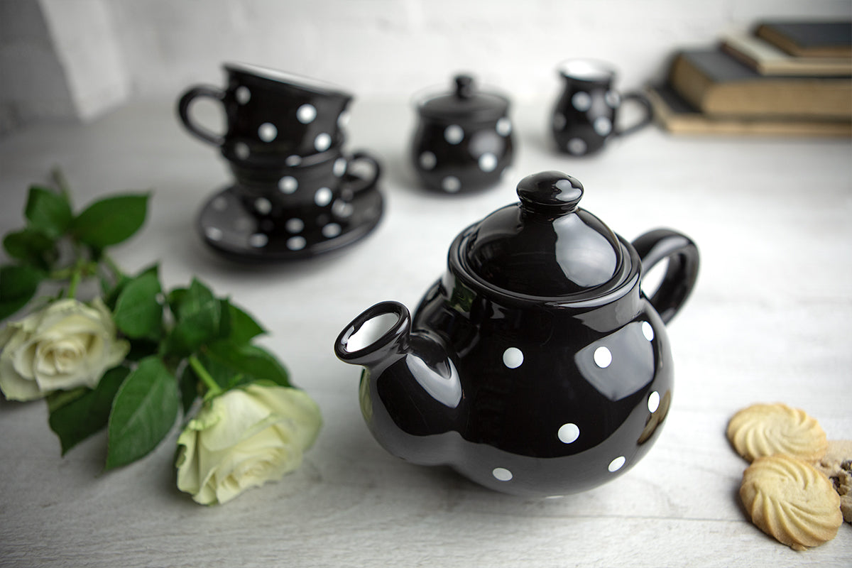 Black and White Polka Dot Pottery Handmade Hand Painted Ceramic Teapot Milk Jug Sugar Bowl Set With Two Cups and Saucers