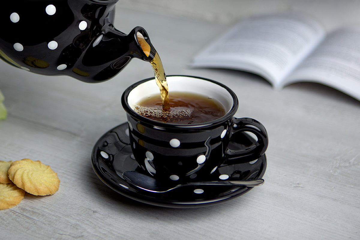 Black and White Polka Dot Pottery Handmade Hand Painted Ceramic Teapot Milk Jug Sugar Bowl Set With Two Cups and Saucers