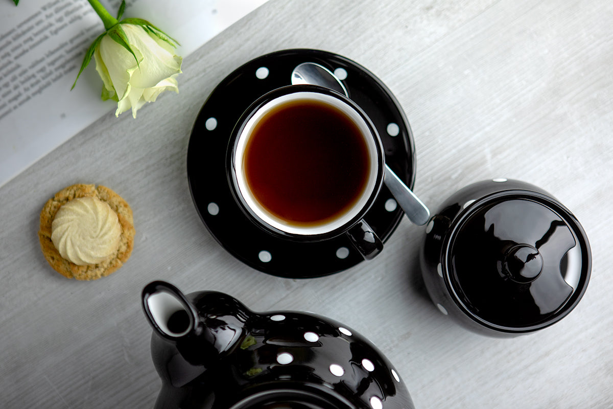 Black and White Polka Dot Pottery Handmade Hand Painted Ceramic Teapot Milk Jug Sugar Bowl Set With Two Cups and Saucers