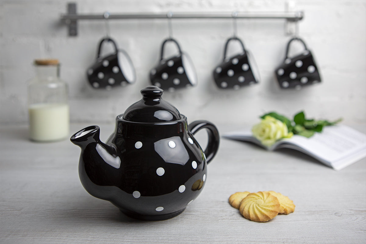 Black and White Polka Dot Pottery Handmade Hand Painted Ceramic Teapot Milk Jug Sugar Bowl Set With Two Cups and Saucers