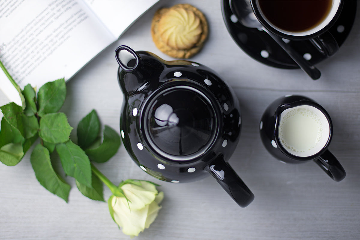 Black and White Polka Dot Pottery Handmade Hand Painted Ceramic Teapot Milk Jug Sugar Bowl Set With Two Cups and Saucers