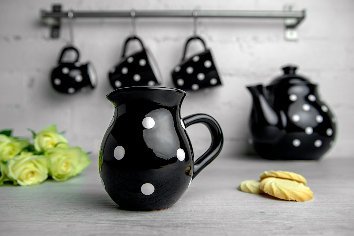 Black and White Polka Dot Pottery Handmade Hand Painted Ceramic Teapot Milk Jug Sugar Bowl Set With Two Cups and Saucers