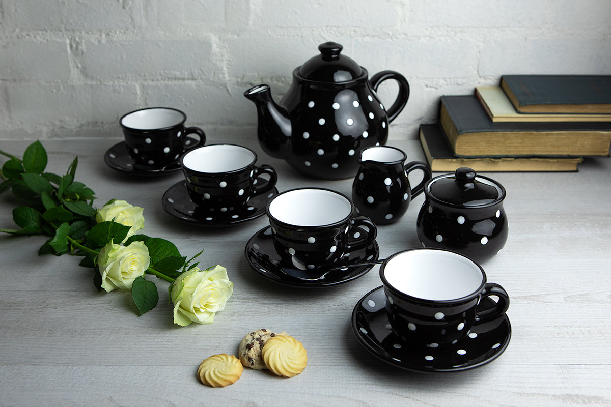 Black And White Polka Dot Spotty Handmade Hand Painted Ceramic Large Teapot Milk Jug Sugar Bowl Set With 4 Cups and Saucers