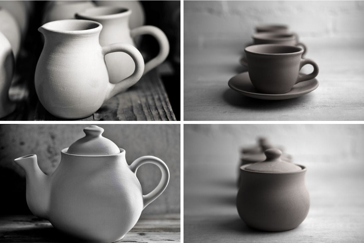 Black And White Polka Dot Spotty Handmade Hand Painted Ceramic Large Teapot Milk Jug Sugar Bowl Set With 4 Cups and Saucers