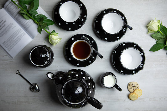 Black And White Polka Dot Spotty Handmade Hand Painted Ceramic Large Teapot Milk Jug Sugar Bowl Set With 4 Cups and Saucers