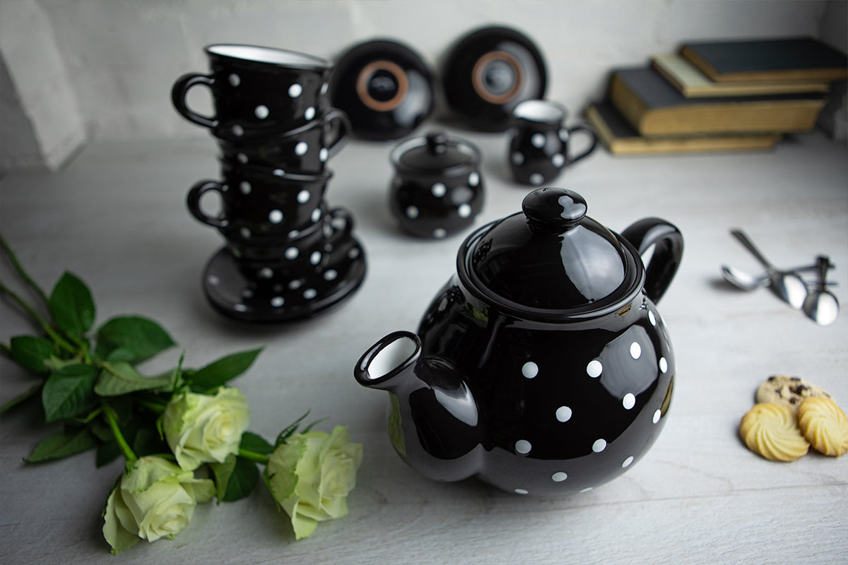 Black And White Polka Dot Spotty Handmade Hand Painted Ceramic Large Teapot Milk Jug Sugar Bowl Set With 4 Cups and Saucers