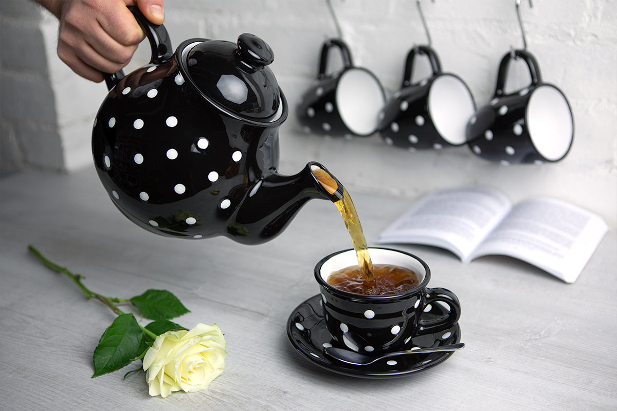 Black And White Polka Dot Spotty Handmade Hand Painted Ceramic Large Teapot Milk Jug Sugar Bowl Set With 4 Cups and Saucers