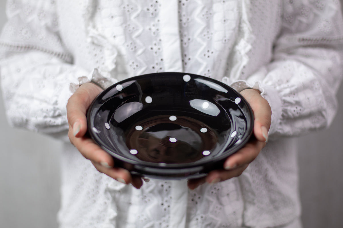 Black And White Polka Dot Spotty Handmade Hand Painted Ceramic Salad Pasta Fruit Cereal Soup Bowl