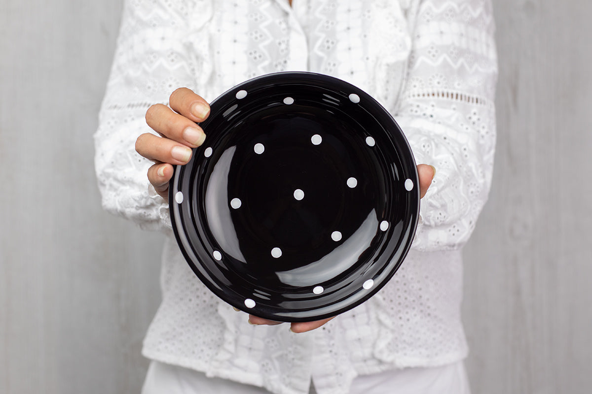 Black And White Polka Dot Spotty Handmade Hand Painted Ceramic Salad Pasta Fruit Cereal Soup Bowl