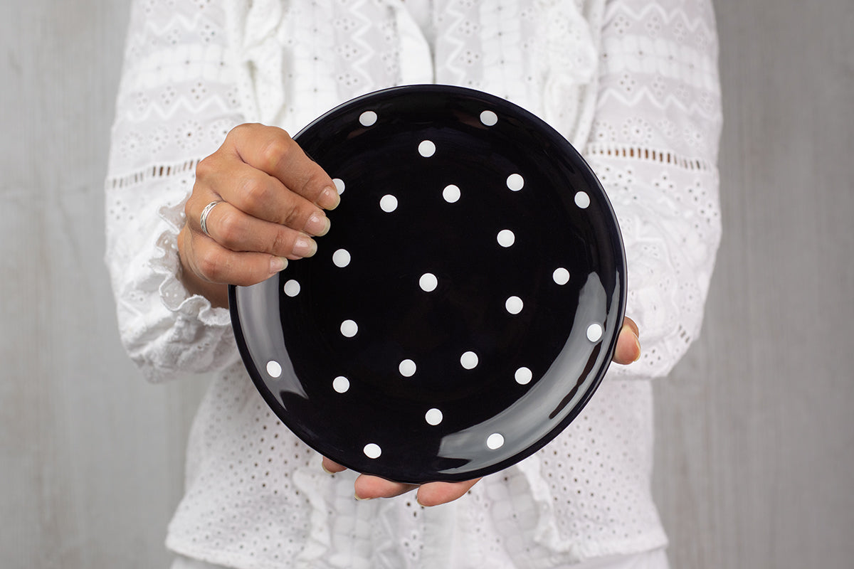 Black And White Polka Dot Spotty Handmade Hand Painted Glazed Ceramic Side Dessert Plate