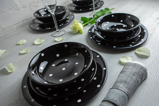Black and White Polka Dot Spotty Handmade Hand Painted Ceramic 12 piece Dinnerware Service for 4