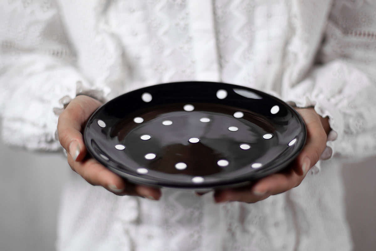 Black and White Polka Dot Spotty Handmade Hand Painted Ceramic 12 piece Dinnerware Service for 4