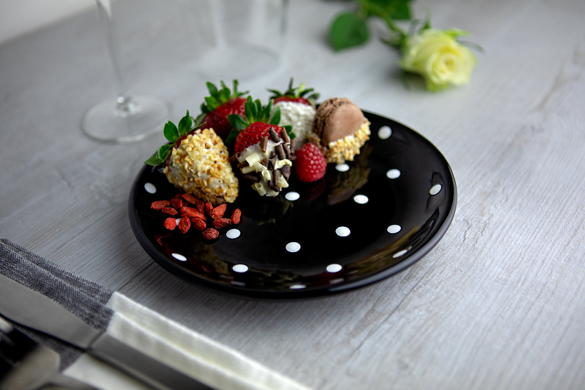 Black and White Polka Dot Spotty Handmade Hand Painted Ceramic 12 piece Dinnerware Service for 4