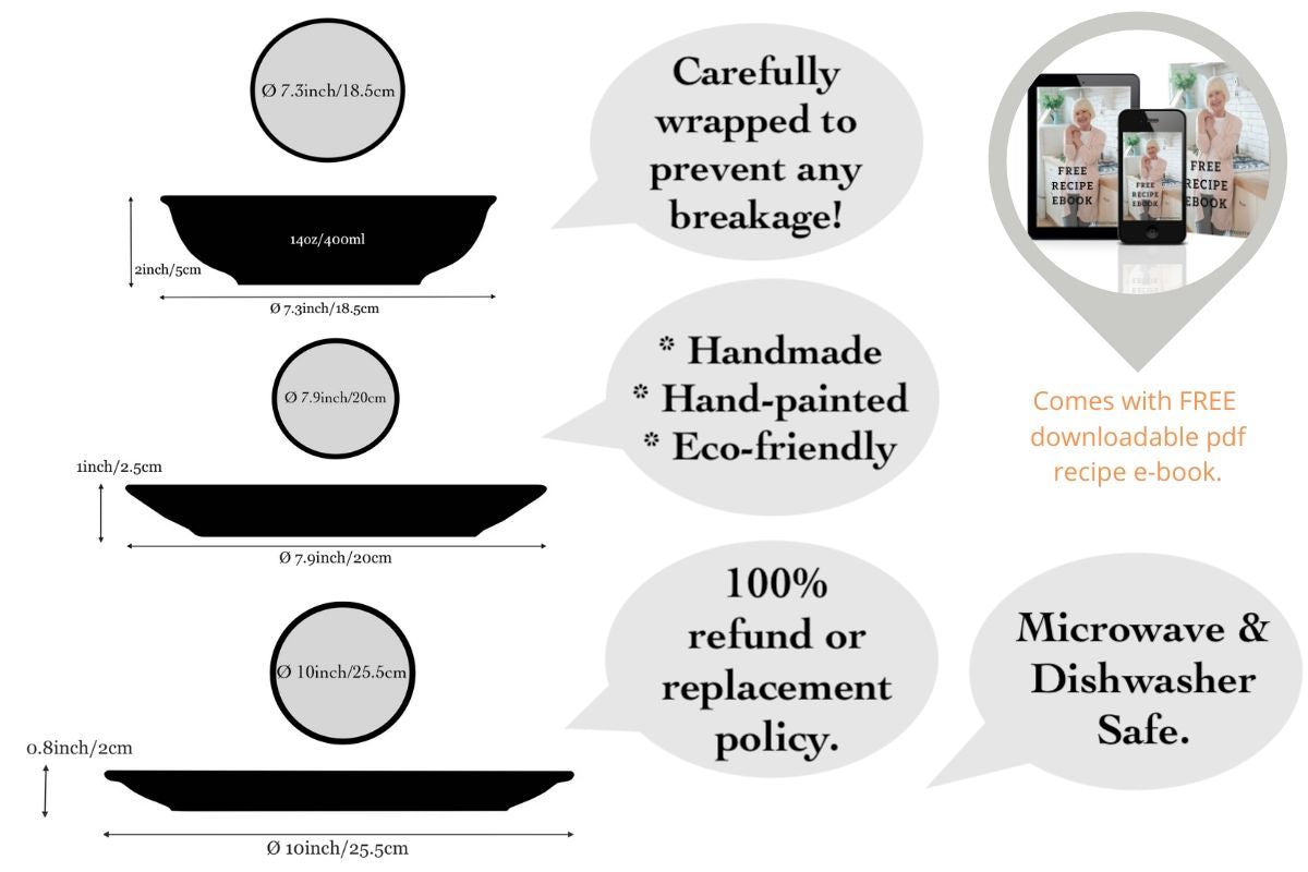 Black and White Polka Dot Spotty Handmade Hand Painted Ceramic 12 piece Dinnerware Service for 4