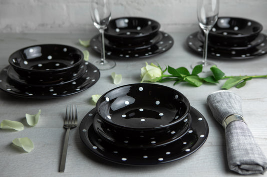 Black and White Polka Dot Spotty Handmade Hand Painted Ceramic 12 piece Dinnerware Service for 4