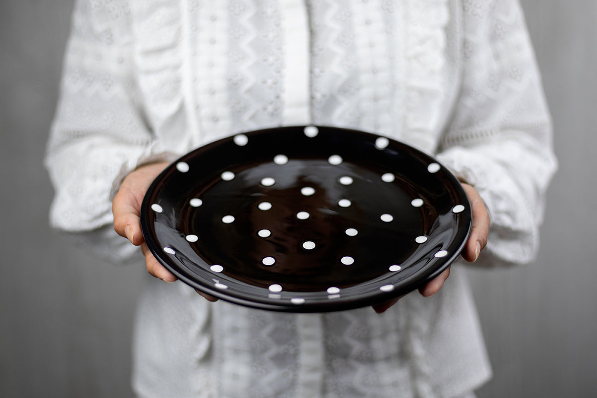 Black and White Polka Dot Spotty Handmade Hand Painted Ceramic 12 piece Dinnerware Service for 4