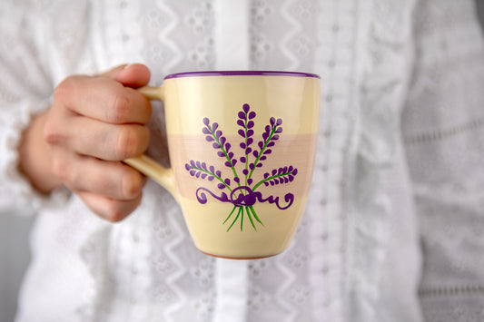 Lavender Pattern Purple And Cream Designer Handmade Hand Painted Unique Ceramic 10oz-300ml Coffee Tea Mug with Large Handle