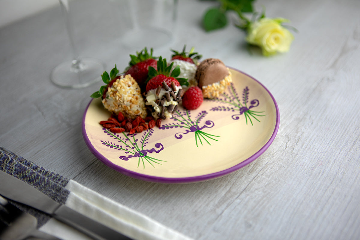 Lavender Pattern Purple and Cream Handmade Hand Painted Ceramic 12 piece Dinnerware Service for 4