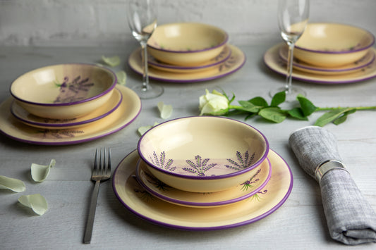 Lavender Pattern Purple and Cream Handmade Hand Painted Ceramic 12 piece Dinnerware Service for 4