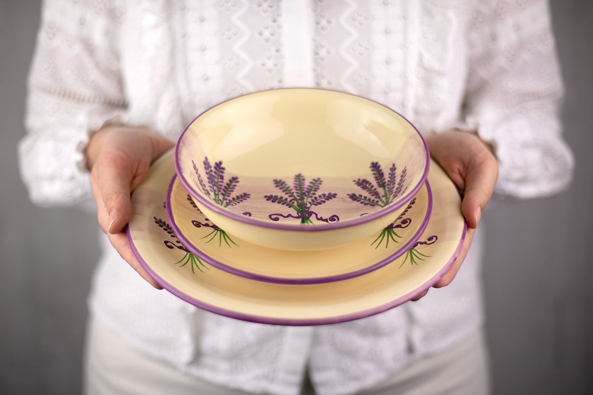 Lavender Pattern Purple and Cream Handmade Hand Painted Ceramic 12 piece Dinnerware Service for 4