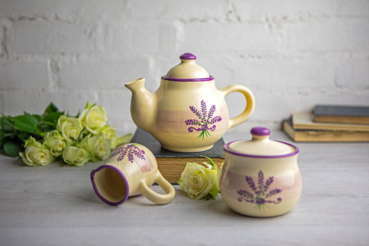 Lavender Floral Purple And Cream Pottery Handmade Hand Painted Ceramic Teapot Milk Jug Sugar Bowl Set