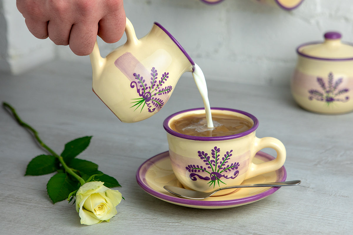 Lavender Floral Purple And Cream Pottery Handmade Hand Painted Ceramic Teapot Milk Jug Sugar Bowl Set