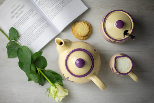 Lavender Floral Purple And Cream Pottery Handmade Hand Painted Ceramic Teapot Milk Jug Sugar Bowl Set