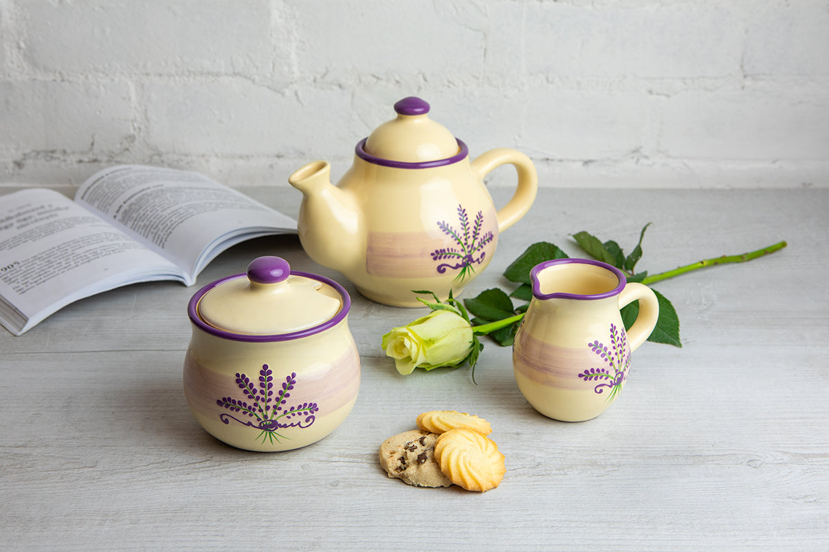 Lavender Floral Purple And Cream Pottery Handmade Hand Painted Ceramic Teapot Milk Jug Sugar Bowl Set