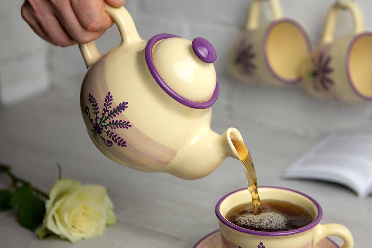 Lavender Floral Purple And Cream Pottery Handmade Hand Painted Ceramic Teapot Milk Jug Sugar Bowl Set