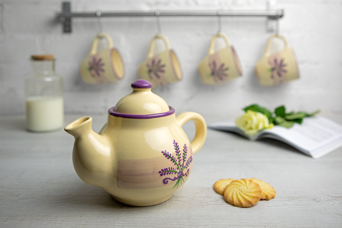 Lavender Floral Purple And Cream Pottery Handmade Hand Painted Ceramic Teapot Milk Jug Sugar Bowl Set