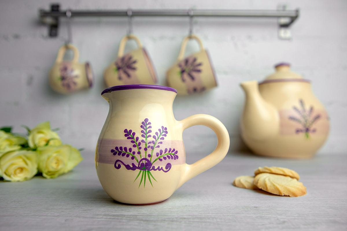 Lavender Floral Purple And Cream Pottery Handmade Hand Painted Ceramic Teapot Milk Jug Sugar Bowl Set
