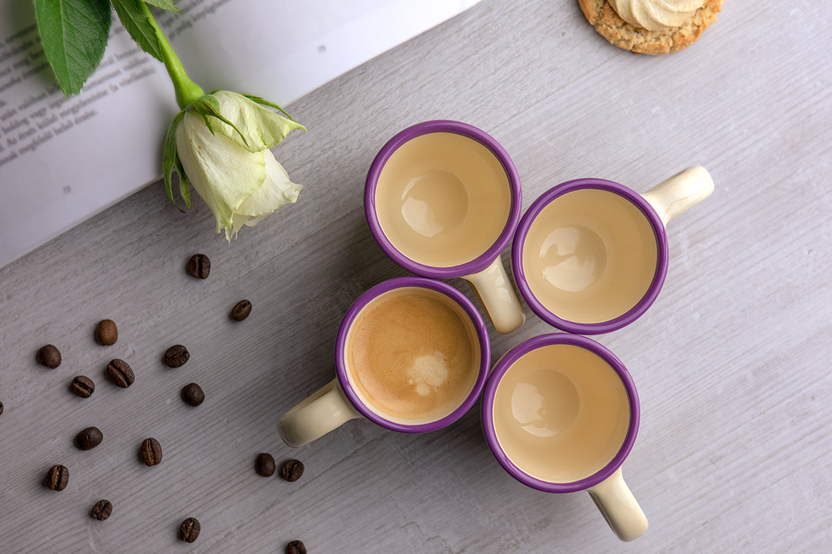 Lavender Pattern Purple And Cream Designer Handmade Hand Painted Unique Ceramic 2oz-60ml Espresso Coffee Cup Set of 4