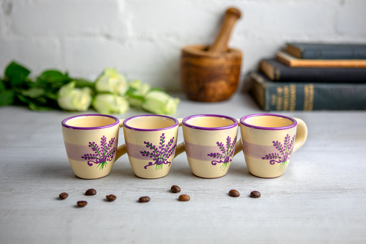 Lavender Pattern Purple And Cream Designer Handmade Hand Painted Unique Ceramic 2oz-60ml Espresso Coffee Cup Set of 4