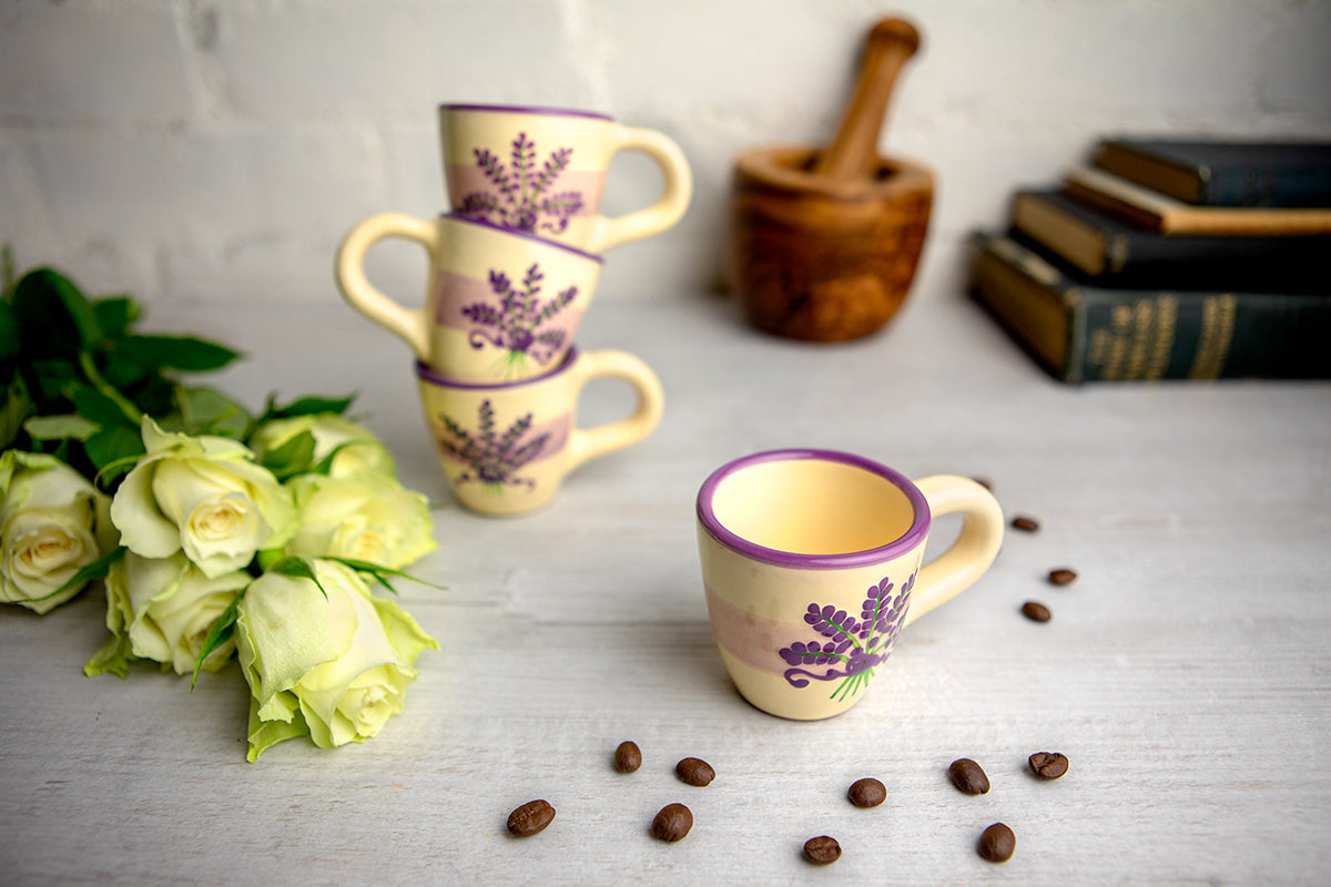 Lavender Pattern Purple And Cream Designer Handmade Hand Painted Unique Ceramic 2oz-60ml Espresso Coffee Cup Set of 4