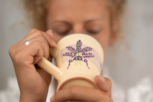 Lavender Pattern Purple And Cream Handmade Hand Painted Ceramic Coffee Tea Latte Mug with Large Handle 8 oz - 220 ml