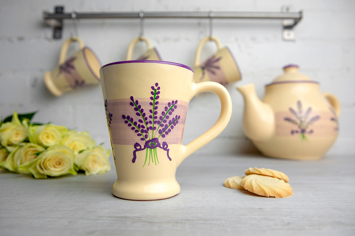 Lavender Pattern Purple And Cream Handmade Hand Painted Ceramic Coffee Tea Latte Mug with Large Handle 8 oz - 220 ml