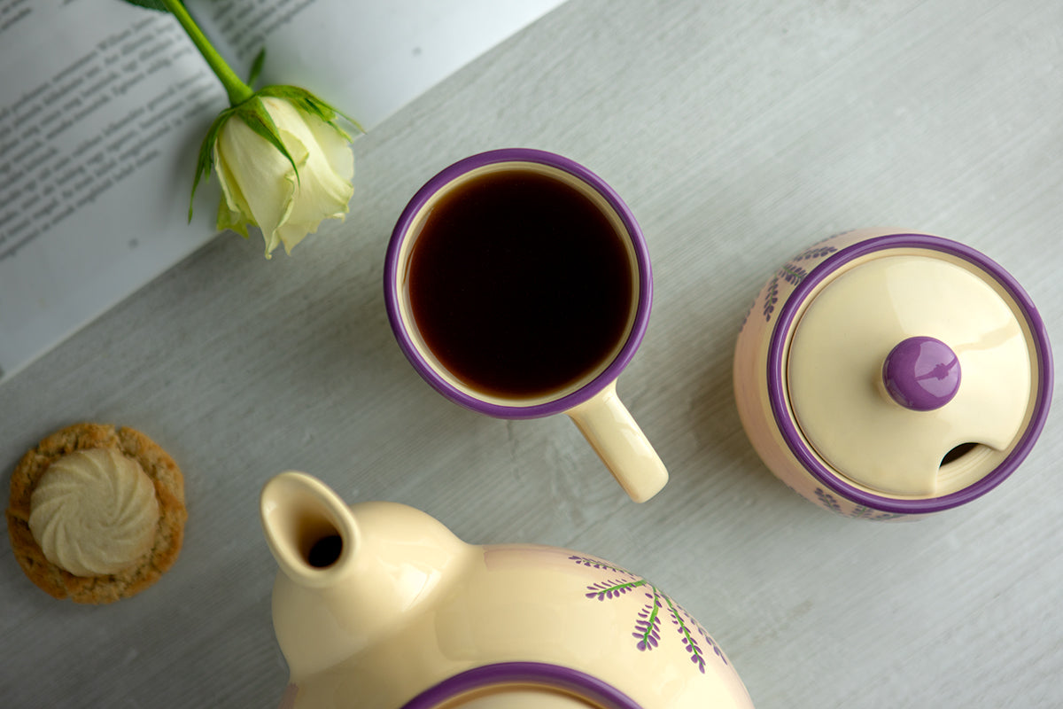 Lavender Pattern Purple And Cream Handmade Hand Painted Ceramic Coffee Tea Latte Mug with Large Handle 8 oz - 220 ml