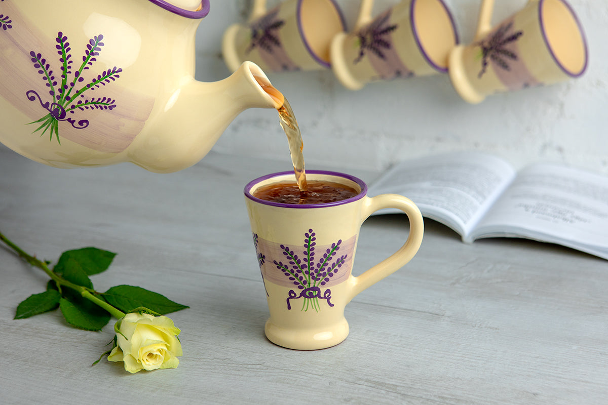 Lavender Pattern Purple And Cream Handmade Hand Painted Ceramic Coffee Tea Latte Mug with Large Handle 8 oz - 220 ml