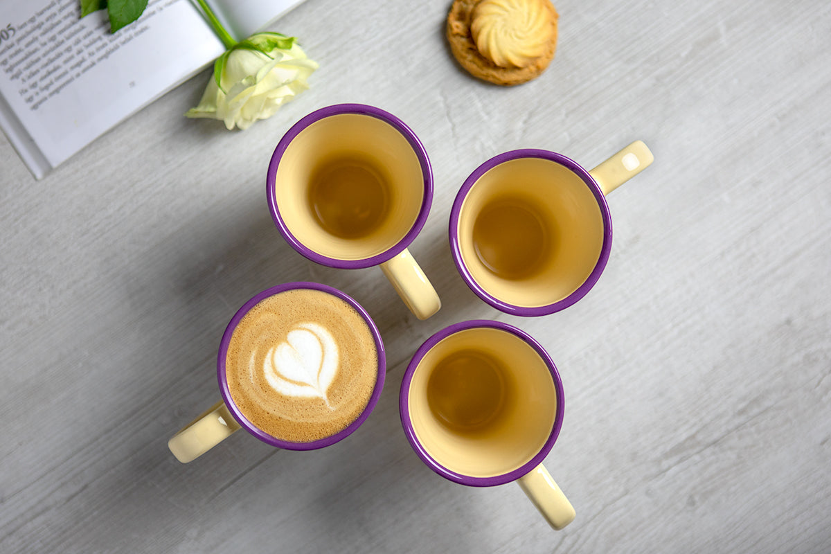 Lavender Pattern Purple And Cream Handmade Hand Painted Ceramic Coffee Tea Latte Mug with Large Handle 8 oz - 220 ml