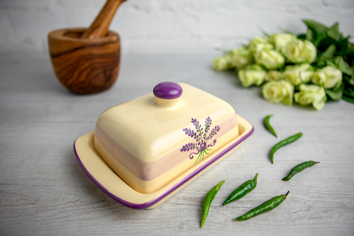 Lavender Pattern Purple And Cream Handmade Hand Painted Ceramic Butter Dish With Lid