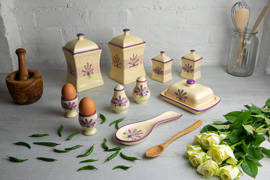 Lavender Pattern Purple And Cream Handmade Hand Painted Ceramic Kitchen Serving Storage Set of 10