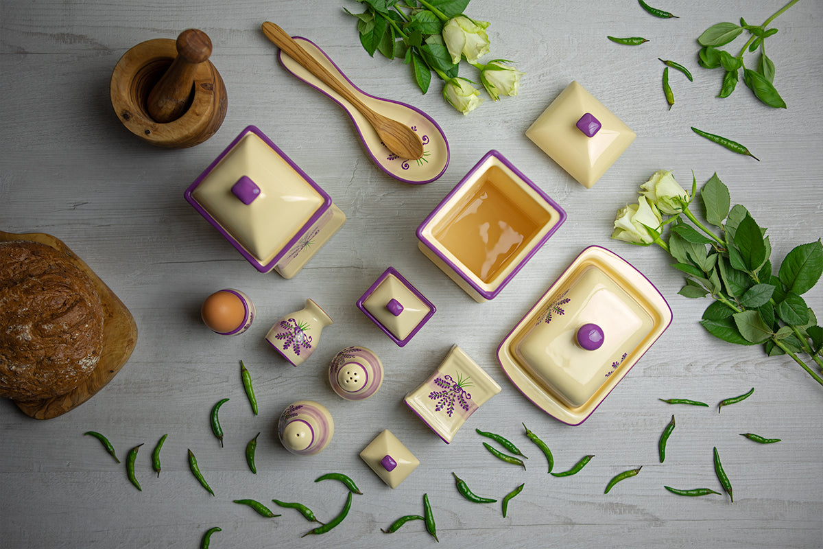 Lavender Pattern Purple And Cream Handmade Hand Painted Ceramic Kitchen Serving Storage Set of 10
